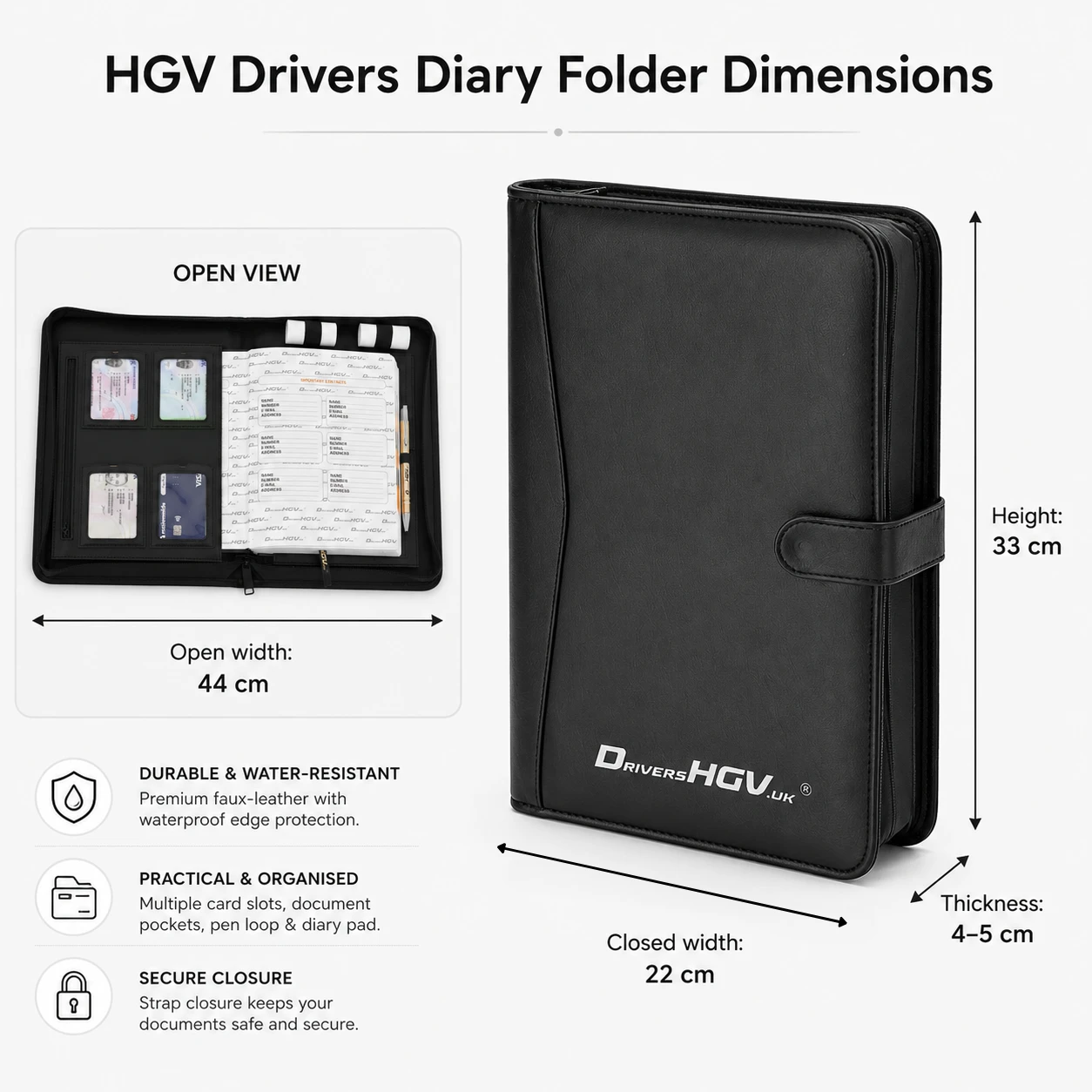 HGV Drivers Diary water-resistant folder dimensions showing open width, closed width, height and thickness
